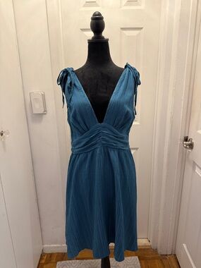 SHEIN Teal Blue Deep V Mini Dress with Tie Shoulders